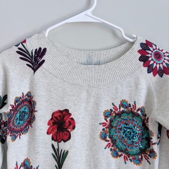 Desigual Knit Sweater Lightweight Sequin Floral Teacher Gray Size Small - Picture 3 of 11